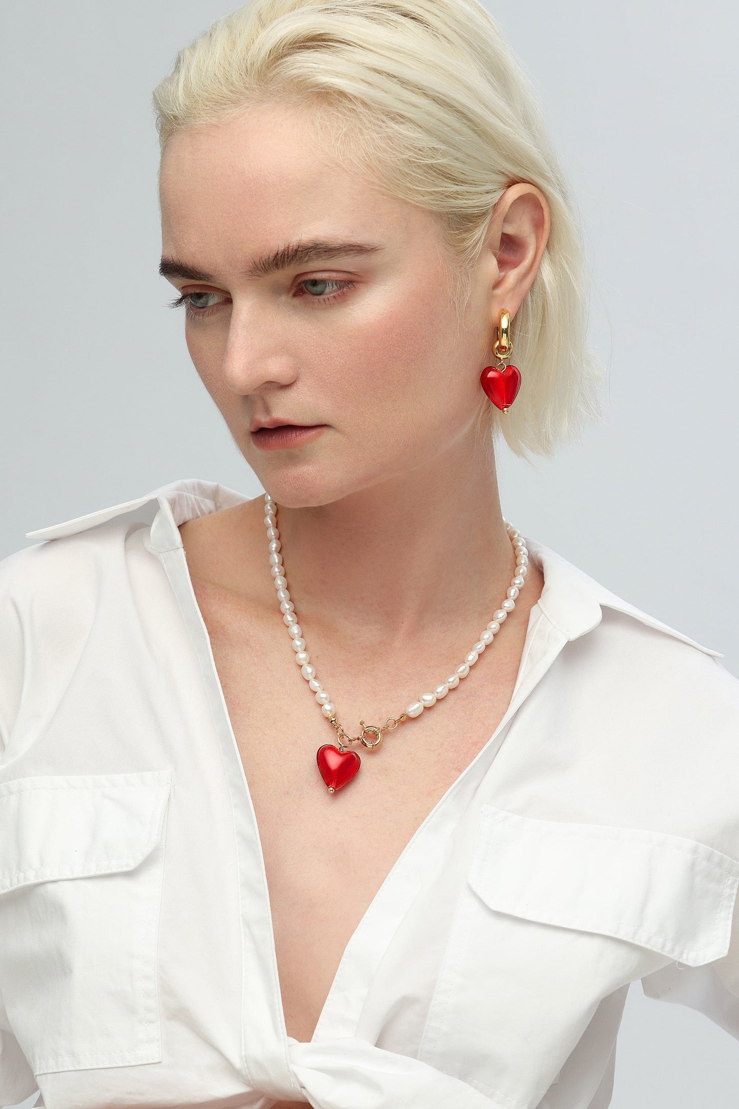 Esmée Red Glaze Heart Pendant Pearl Necklace